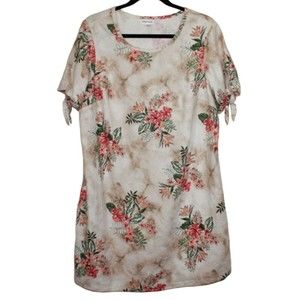 Chloe + Rene Floral Linen Tunic Top Size 1X Tie Sleeves Scoop Boho Lagenlook